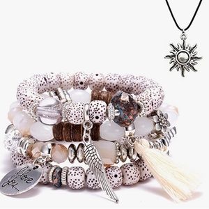 4 piece Love Wings Tassel Multilayer Bracelet White Beaded Bracelet